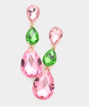 Tear Drop Pink & Green 3-Tier Earrings (Post-back)