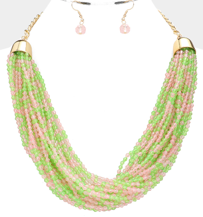 Pink & Green Crystal Necklace and Earring Set