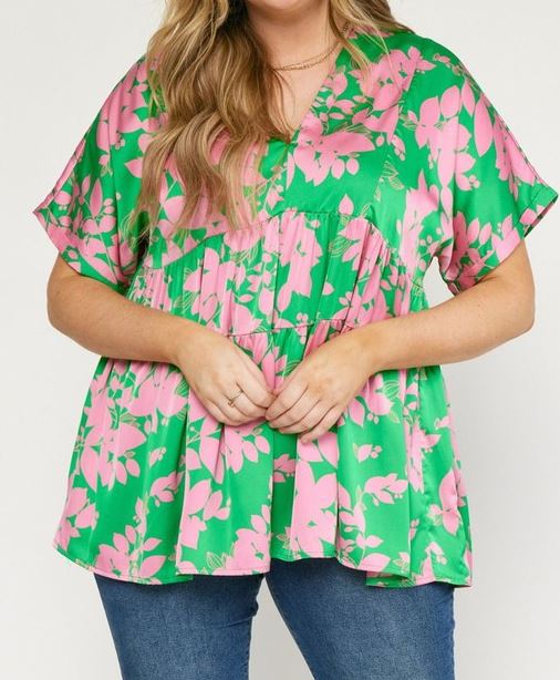 Pink & Green V-Neck Tiered Blouse