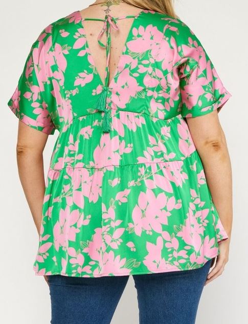 Pink & Green V-Neck Tiered Blouse