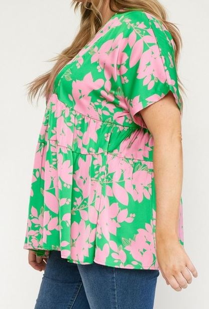 Pink & Green V-Neck Tiered Blouse