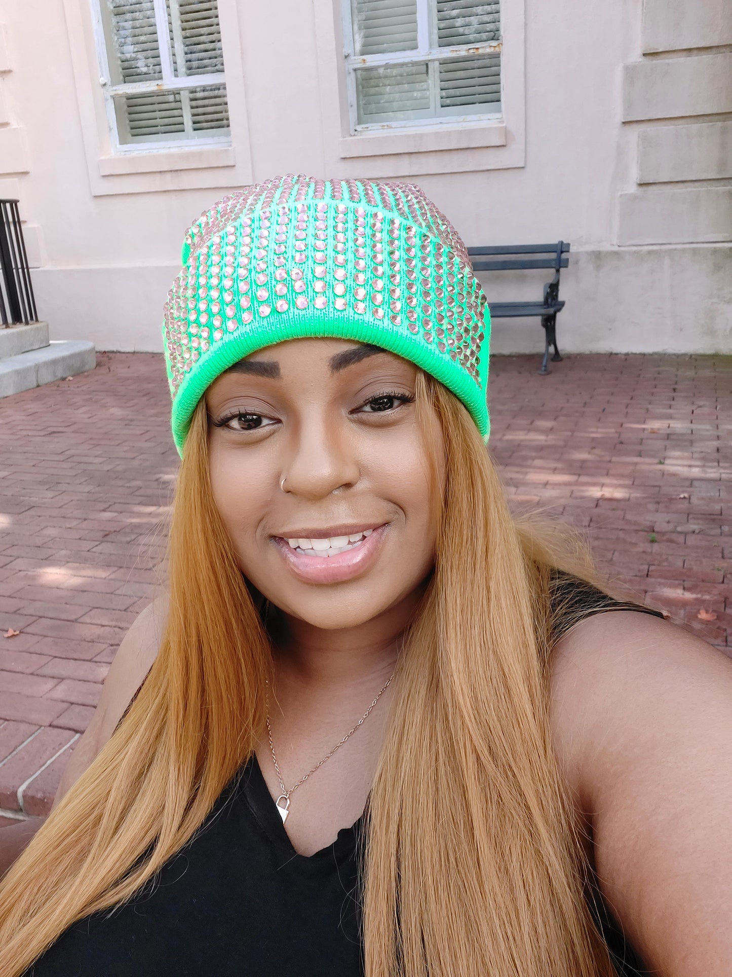 New! Green Beanie with Pink Rhinestones