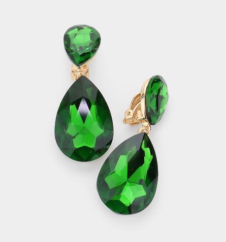 Green Tear Drop Earrings (Clip)