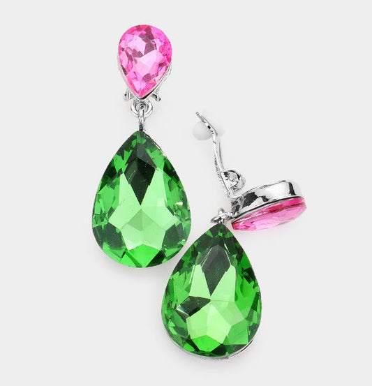 Pink & Green Tear Drop Earrings (Clip)