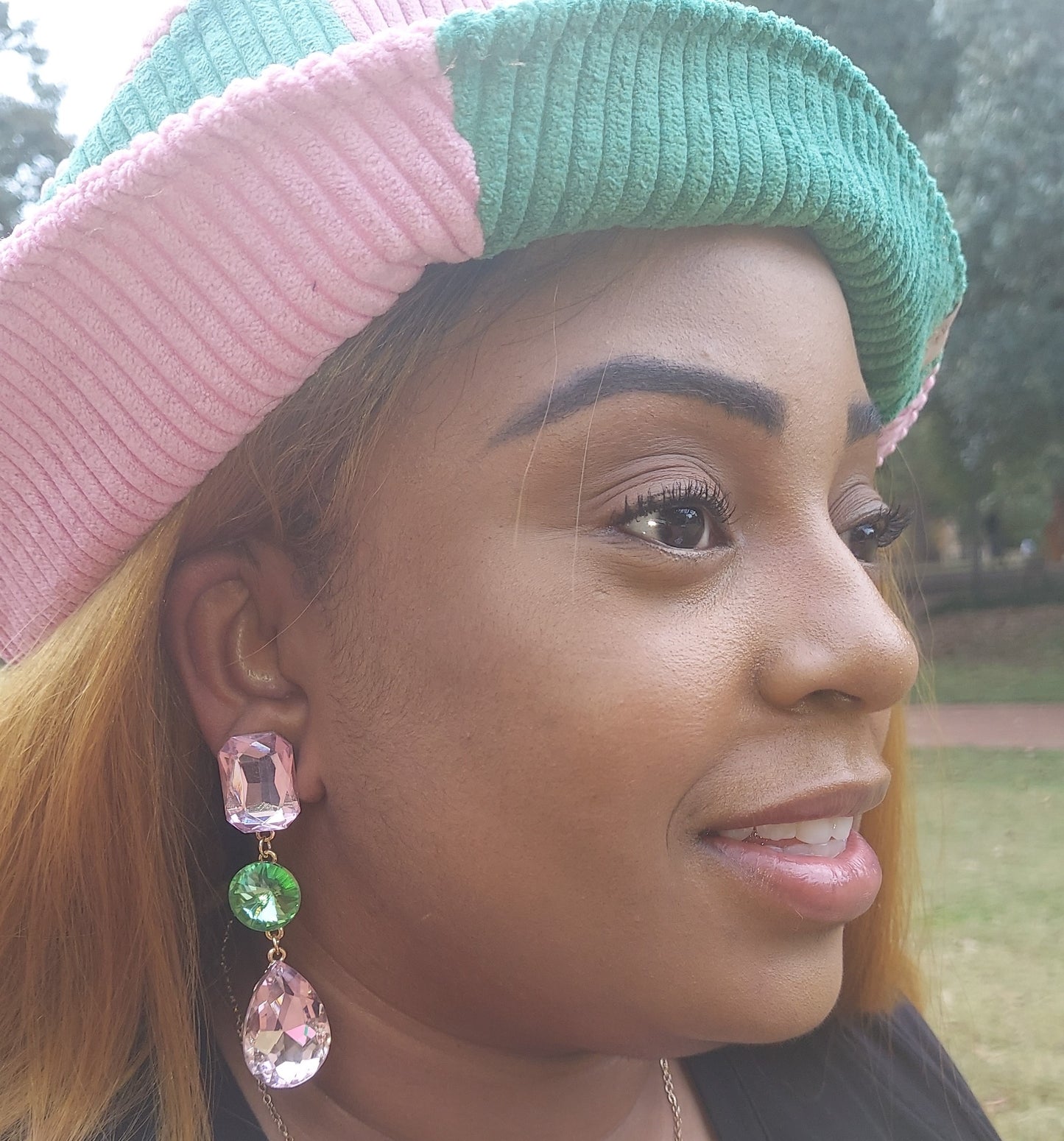 Pink & Green 3-Tier Earrings (Clip)