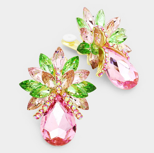 Pink & Green Crystal Earrings (Clip)