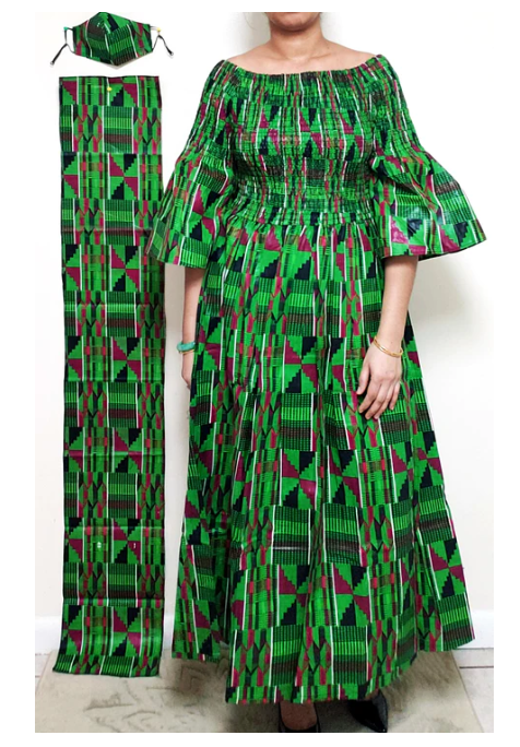 African Print Dress with headwrap and mask (Long)