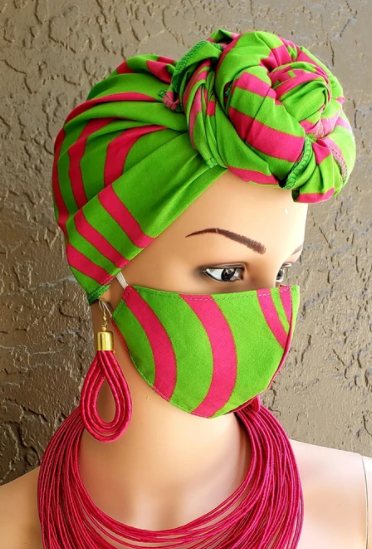 Headwrap & Mask Set (Pink on Green)