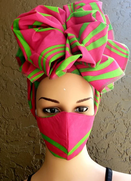 Headwrap & Mask Set (Green on Pink)