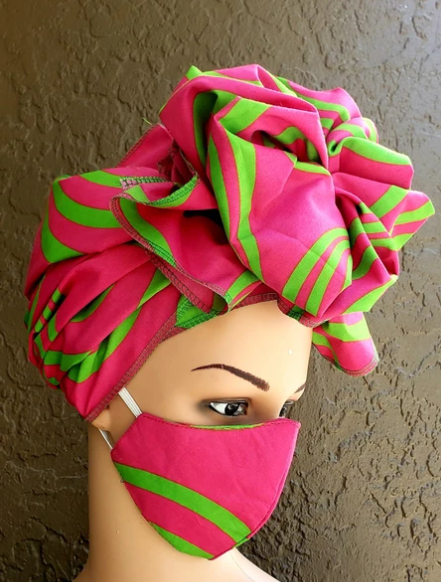 Headwrap & Mask Set (Green on Pink)