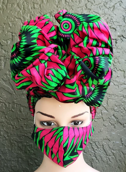 Headwrap and Mask Set (Pink/Green Print) RESTOCKED!