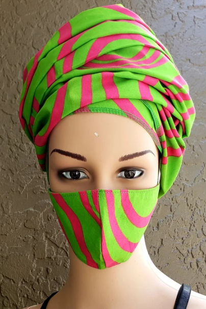 Headwrap & Mask Set (Pink on Green)