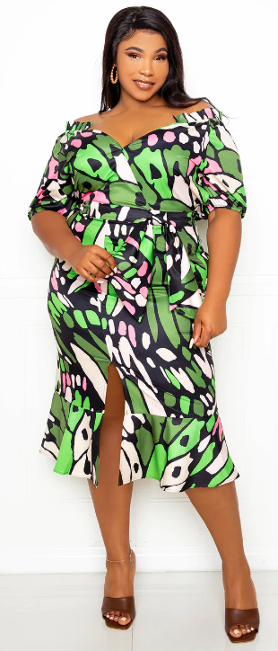 Off-the-shoulder Pink and Green Print Dress (14)