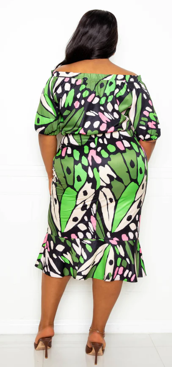 Off-the-shoulder Pink and Green Print Dress (14)