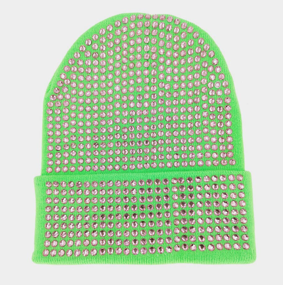 New! Green Beanie with Pink Rhinestones