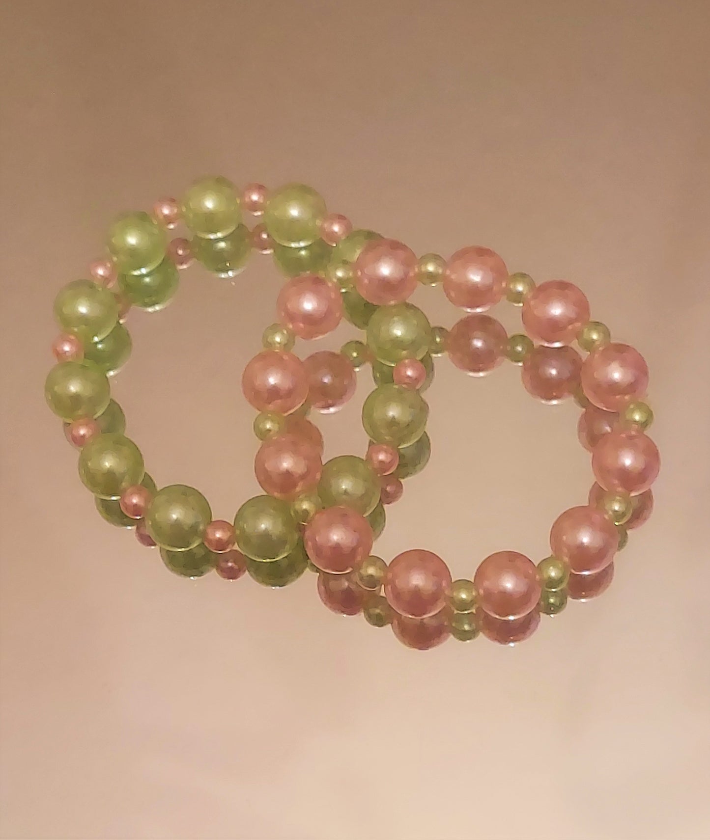 Pink & Green Pearl Stretch Bracelets (medium size pearls with accent bead)