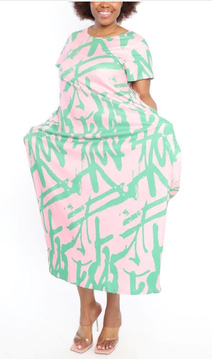 NEW! Pink & Green Abstract-print Maxi Dress