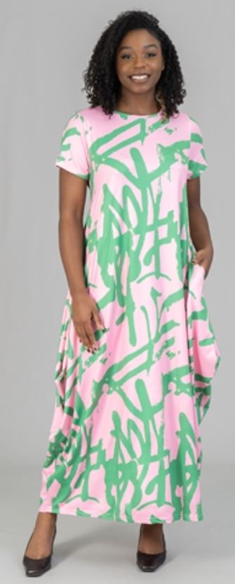 NEW! Pink & Green Abstract-print Maxi Dress